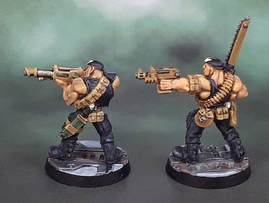 Jungle Fighter with Lasgun 4, 0437/1, Jungle Fighter Sergeant 1 0437/4, Necromunda 1995, Ganger with Lasgun, Ganger with Autopistol and Chain Sword, Michael Perry, 1993-4