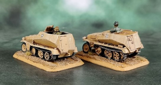 Battlefront Miniatures, Flames of War, DAK, Afrika Korps, Deutsches Afrikakorps, 15mm, 1/100 scale, Sd.Kfz.250/1 light half track, Sd.Kfz.253 recon vehicle