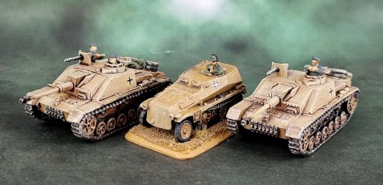Battlefront Miniatures, Flames of War, DAK, Afrika Korps, Deutsches Afrikakorps, 15mm, 1/100 scale, Sd.Kfz.253 recon vehicle, StuG III G