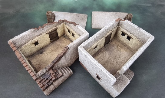 15mm Flames of War Battlefield in a Box - Small Desert Houses, Ruined Desert Houses, - Weathered & Repainted (BB222, BB230)