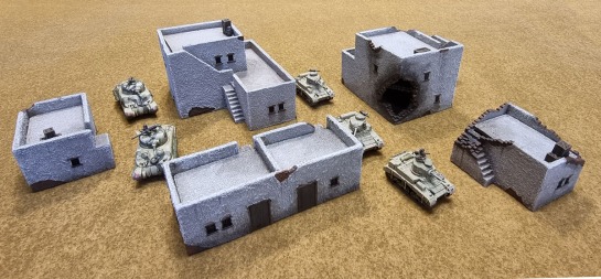 15mm Flames of War Battlefield in a Box - Small Desert Houses, Large Desert House, Ruined Desert Houses, Ruined Large Desert House - Weathered &amp; Repainted (BB216, BB222, BB230, BB231)