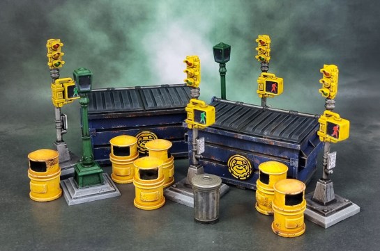 Marvel Crisis Protocol Terrain: Dumpsters, Street Lights & Traffic Lights PLUS Mantic Terrain Crate Bins