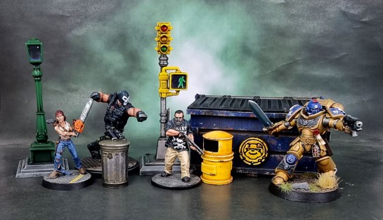 Marvel Crisis Protocol Terrain: Dumpsters, Street Lights & Traffic Lights PLUS Mantic Terrain Crate Bins
