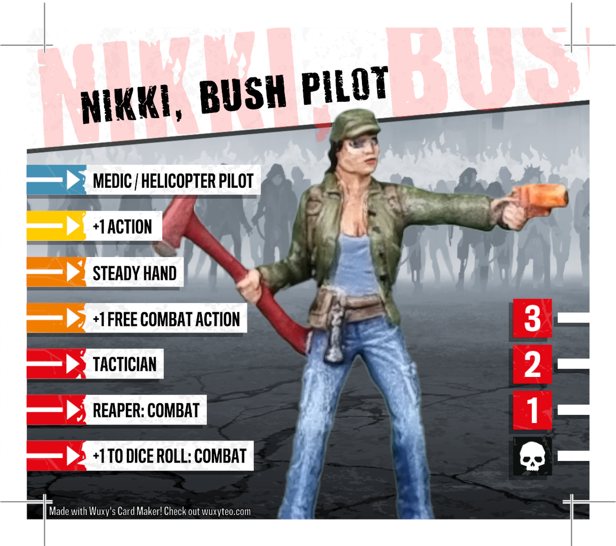 Last Night On Earth: Timber Peak Survivor: Zombicide Card - Nikki, Bush Pilot